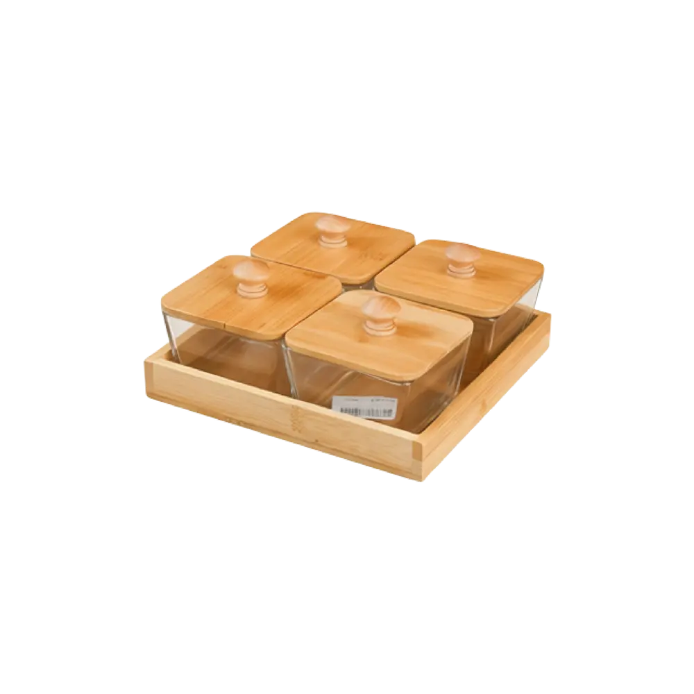 Bamboo Serving Tray with 4 Glass Jars