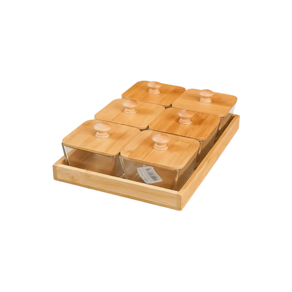 Bamboo Serving Tray with 6 Glass Jars