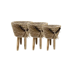 Boho Straw Planter Stand with Beaded Detail Sizes(S,M,L)