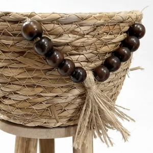 Boho Straw Planter Stand with Beaded Detail Sizes(S,M,L)1