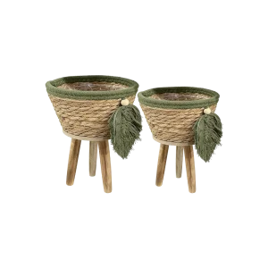Boho Straw Planter Stand with Wooden Legs Sizes(S,L)
