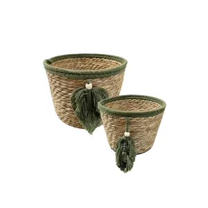 Boho Straw Storage Basket with Green Tassel
