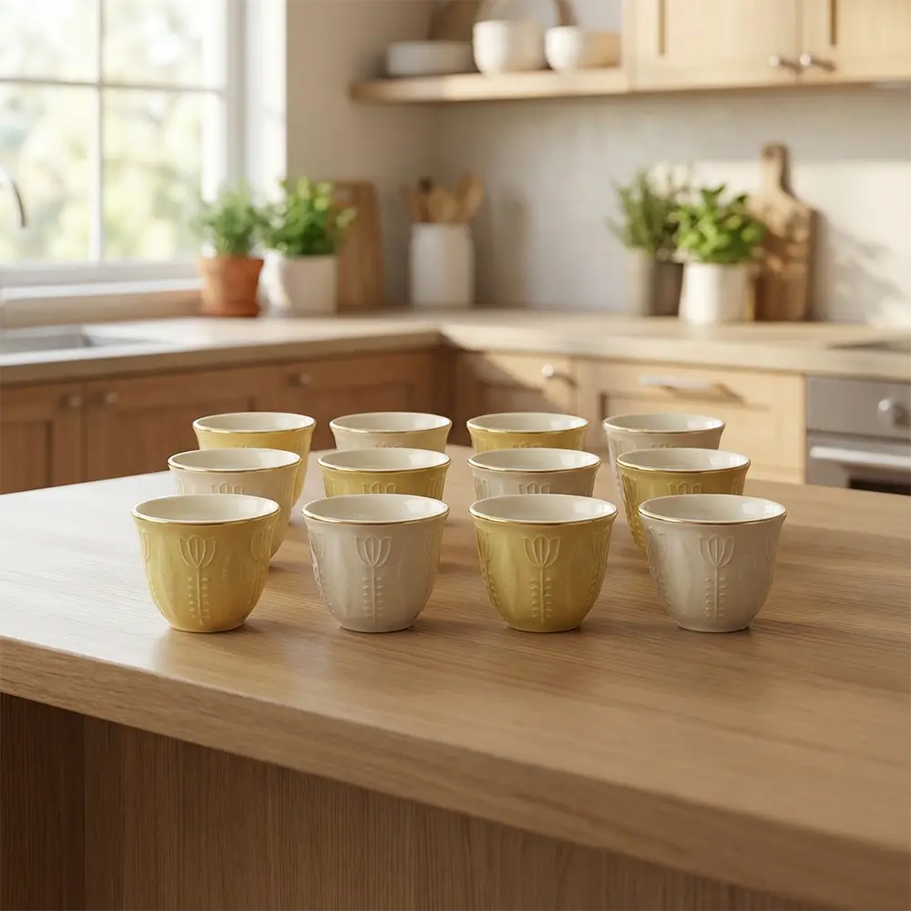 Coffee Cups Set Embossed Modern Design 12 Pieces Yellow & Beige Professional Drinkware in lebanon1