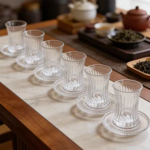 Diamonds Glass Ribbed Design 6pcs Tea Cups & Saucer Set1