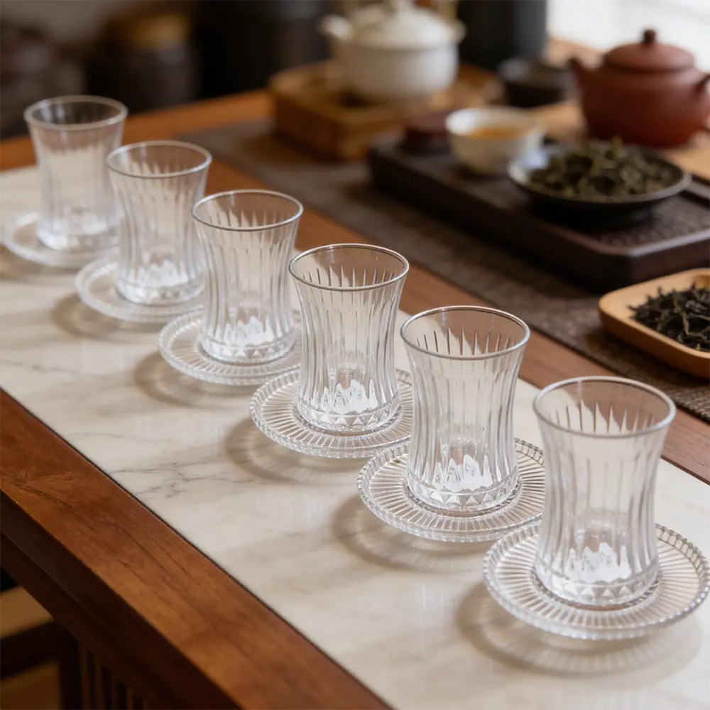 Diamonds Glass Ribbed Design 6pcs Tea Cups & Saucer Set1