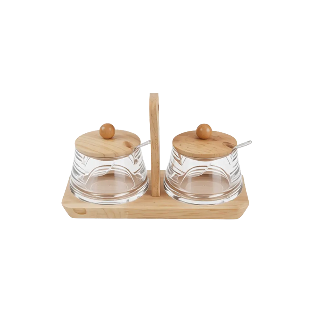 Double-Glass-Sugar-Bowl-300ml-Set-with-Wooden-Stand-&-Lids Double Glass Sugar Bowl 300ml Set with Wooden Stand & Lids