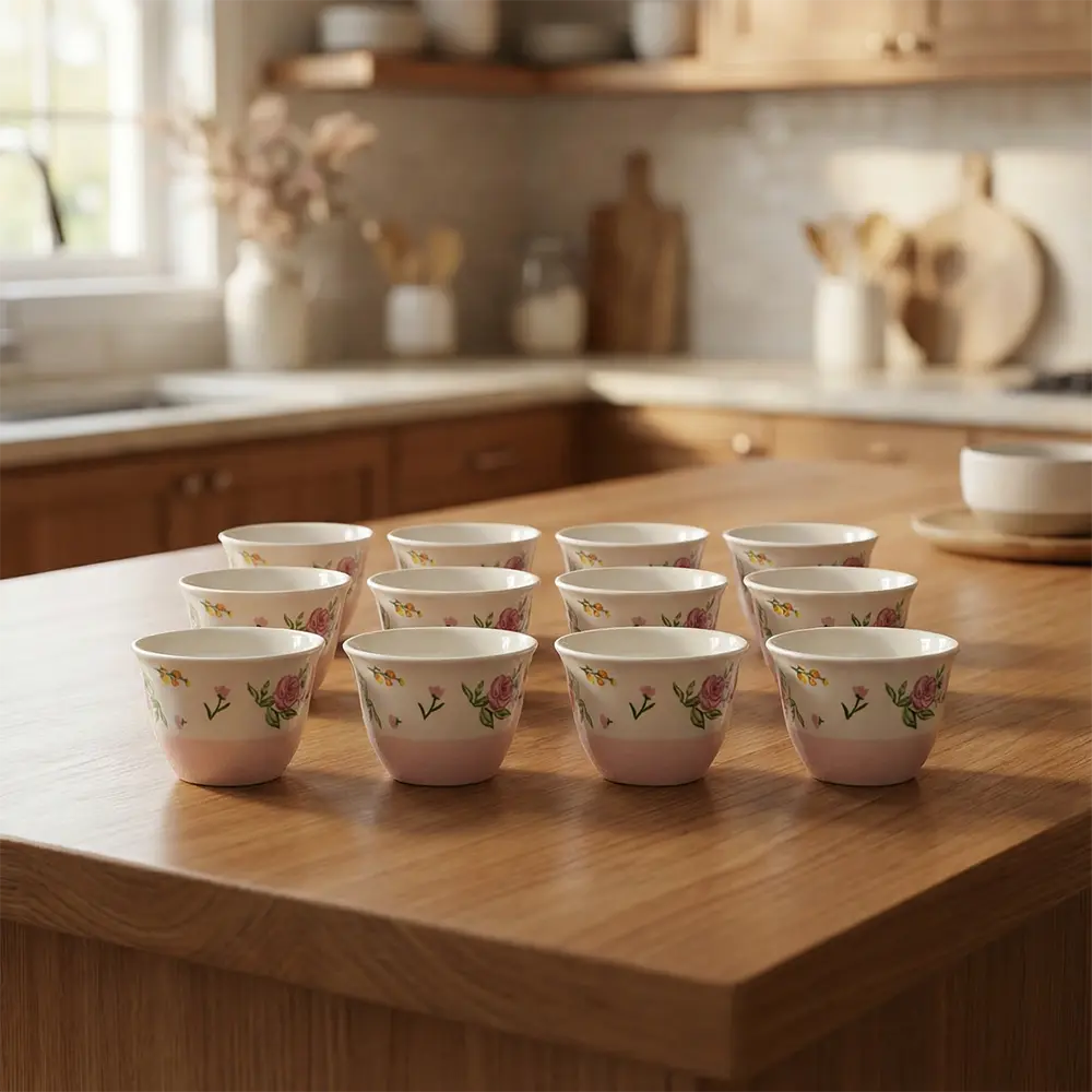 Floral Turkish Coffee Cups Set Rose Pattern 12 Pieces Pink & Cream Professional Drinkware in lebanon1