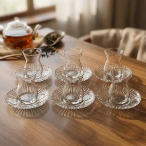 Glass 6pcs Tea Cups & Fluted Saucer Set1