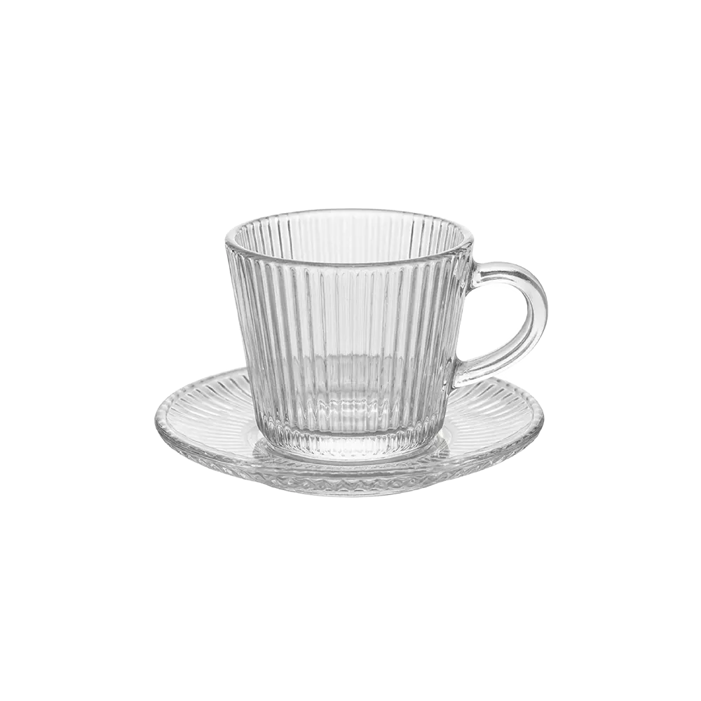 Glass Ribbed 6pcs Tea Cups & Saucer Set