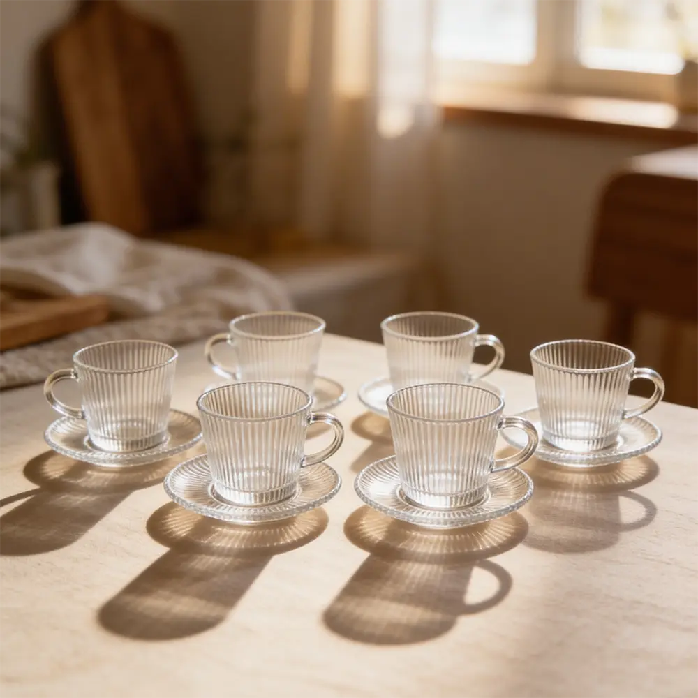 Glass Ribbed 6pcs Tea Cups & Saucer Set1