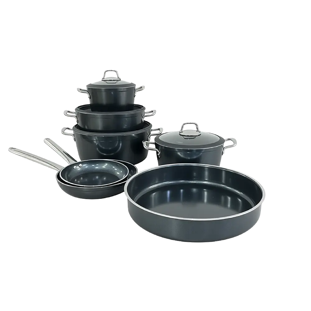 Hascevher 11pcs Black Granite Cookware Set with Stainless Handle