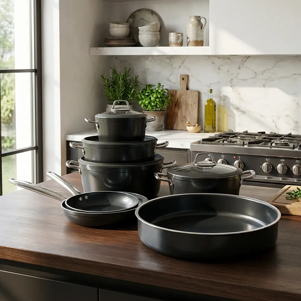 Hascevher 11pcs Black Granite Cookware Set with Stainless Handle1