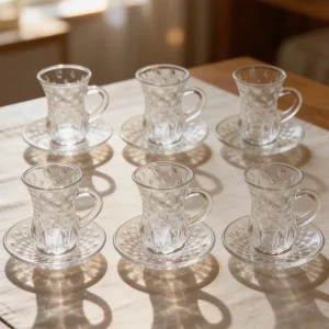 Lomenox Embossed Glass 6pcs Tea Cups & Saucer Set1