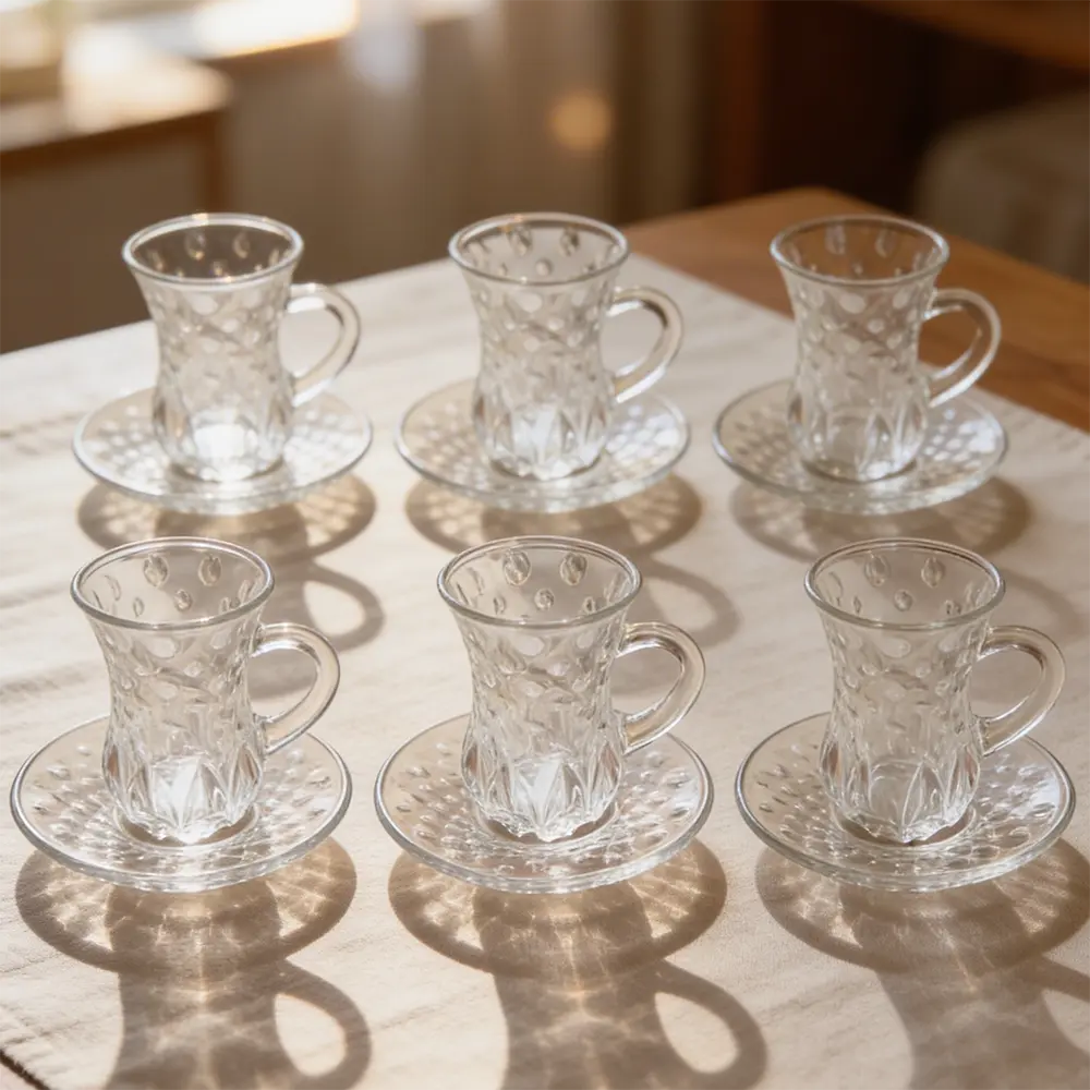Lomenox Embossed Glass 6pcs Tea Cups & Saucer Set1