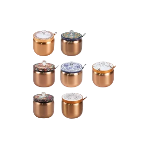 Luxury Bronze Stainless Steel Sugar Bowl 350ml with Floral Lid & Spoon