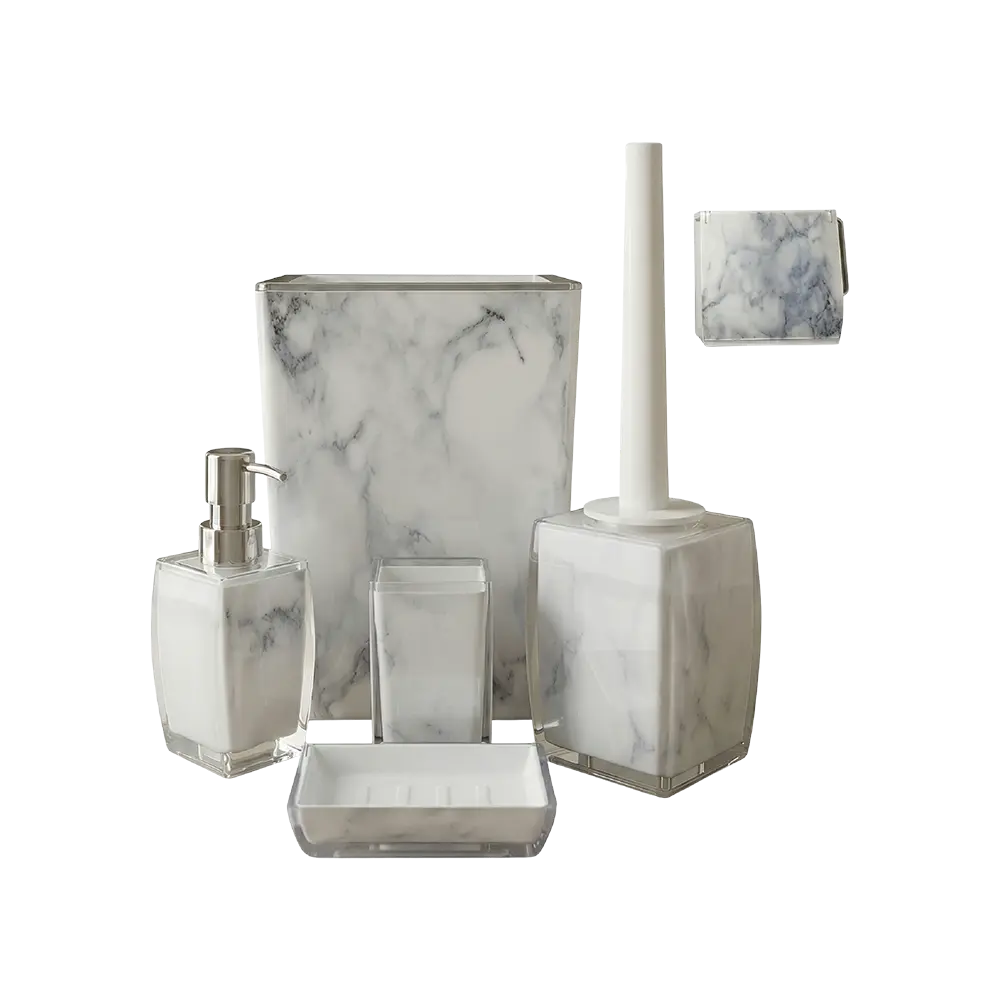 Marble Design Bathroom Accessories Set 6 Piece Square Model White Plexi