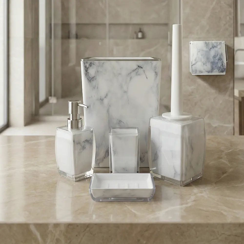 Marble Design Bathroom Accessories Set 6 Piece Square Model White Plexi1