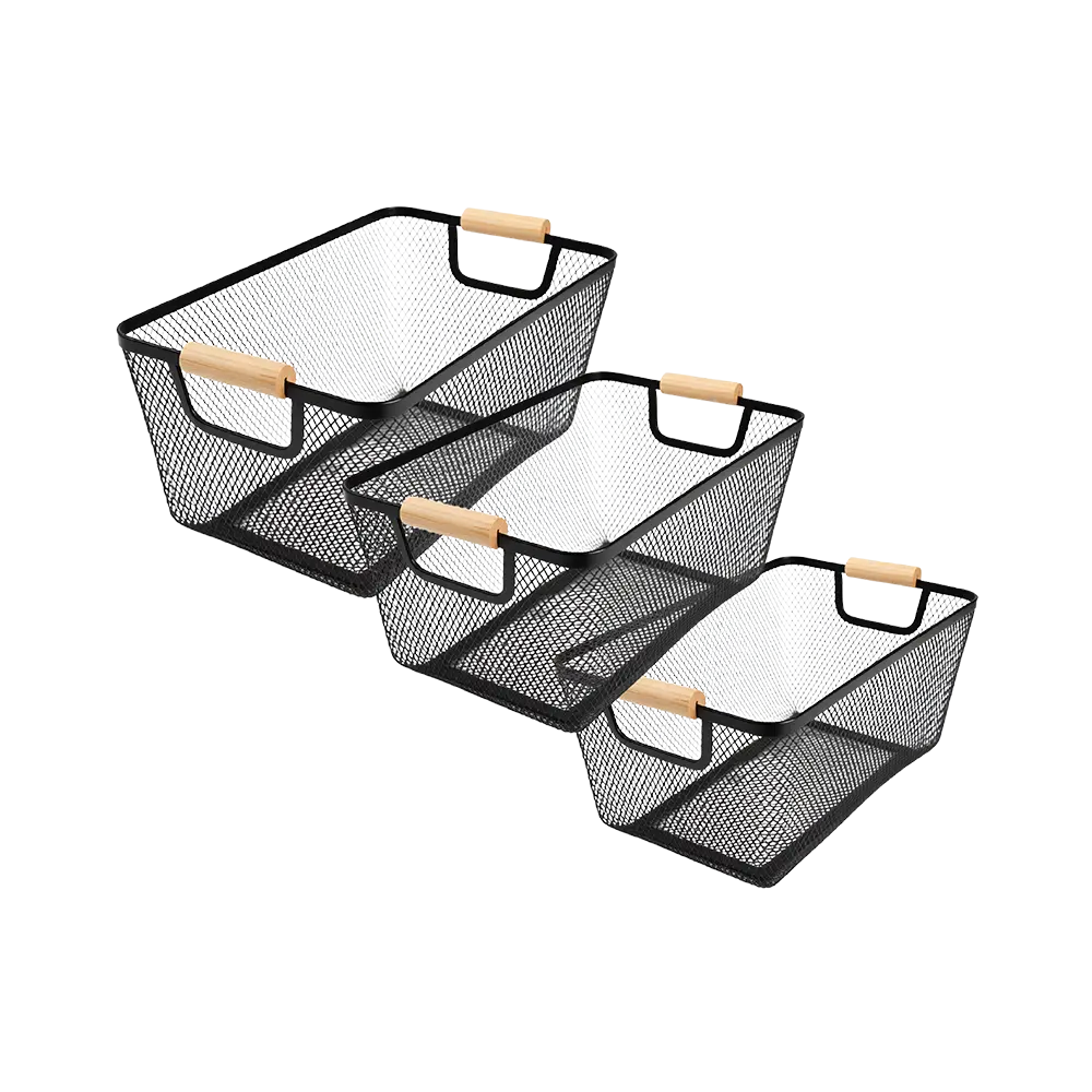 Modern-Black-Metal-Mesh-Storage-Basket-with-Wooden-Handles Modern Black Metal Mesh Storage Basket with Wooden Handles