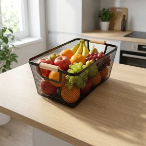 Modern Black Metal Mesh Storage Basket with Wooden Handles1