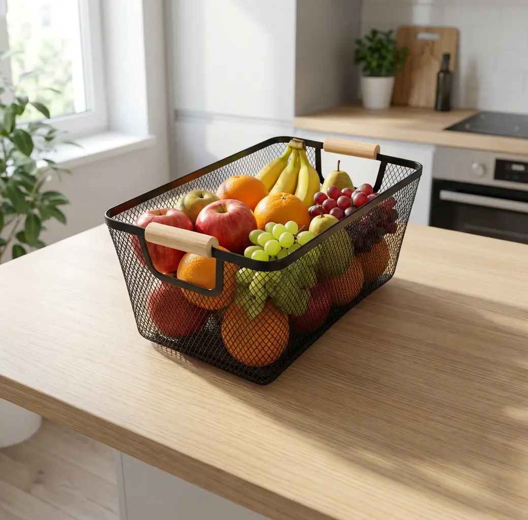 Modern-Black-Metal-Mesh-Storage-Basket-with-Wooden-Handles1 Modern Black Metal Mesh Storage Basket with Wooden Handles1