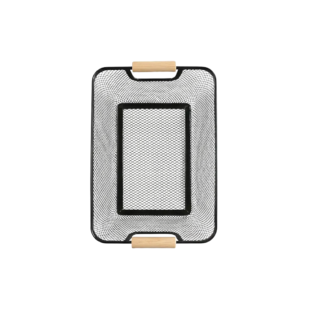 Modern-Black-Metal-Mesh-Storage-Basket-with-Wooden-Handles3 Modern Black Metal Mesh Storage Basket with Wooden Handles3