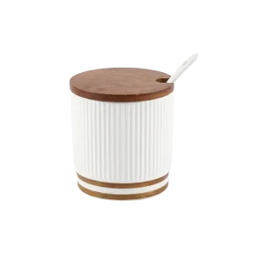 Modern Porcelain Sugar Bowl 300ml with Wooden Lid & Spoon