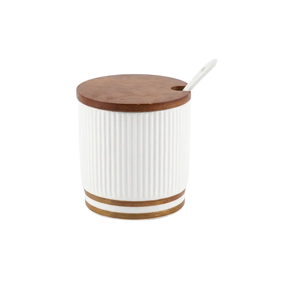 Modern Porcelain Sugar Bowl 300ml with Wooden Lid & Spoon