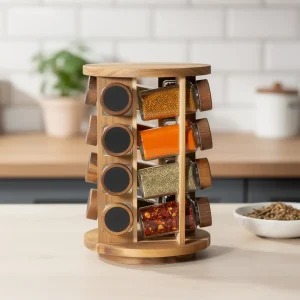 Momaz 16pcs Rotating Glass Spice Jar with Wooden Stand1