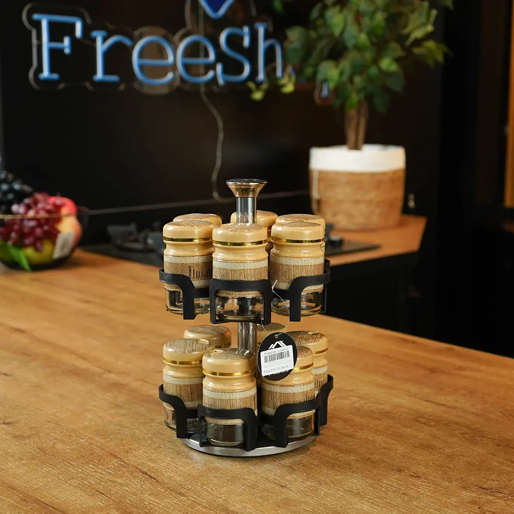 Momaz 2 Tiers Rotating 12pcs Glass Spice Jar Set with Metal Stand2