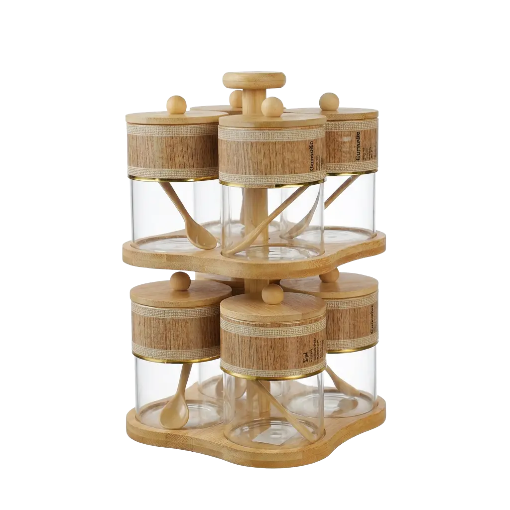 Momaz-2-Tiers-Rotating-8pcs-Glass-Spice-Jar-Set-with-Wooden-Stand Momaz 2 Tiers Rotating 8pcs Glass Spice Jar Set with Wooden Stand