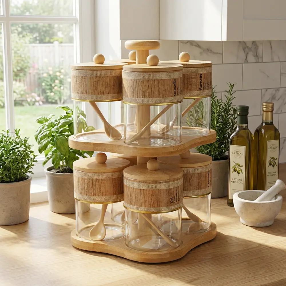 Momaz-2-Tiers-Rotating-8pcs-Glass-Spice-Jar-Set-with-Wooden-Stand1 Momaz 2 Tiers Rotating 8pcs Glass Spice Jar Set with Wooden Stand1