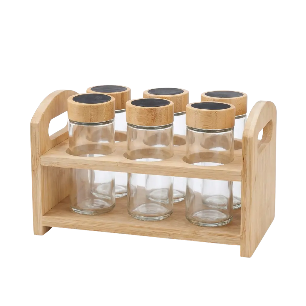Momaz-6pcs-Glass-Spice-Jar-Set-with-Wooden-Rack Momaz 6pcs Glass Spice Jar Set with Wooden Rack