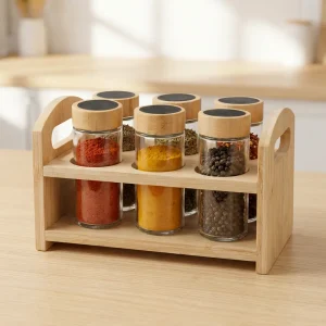 Momaz 6pcs Glass Spice Jar Set with Wooden Rack1