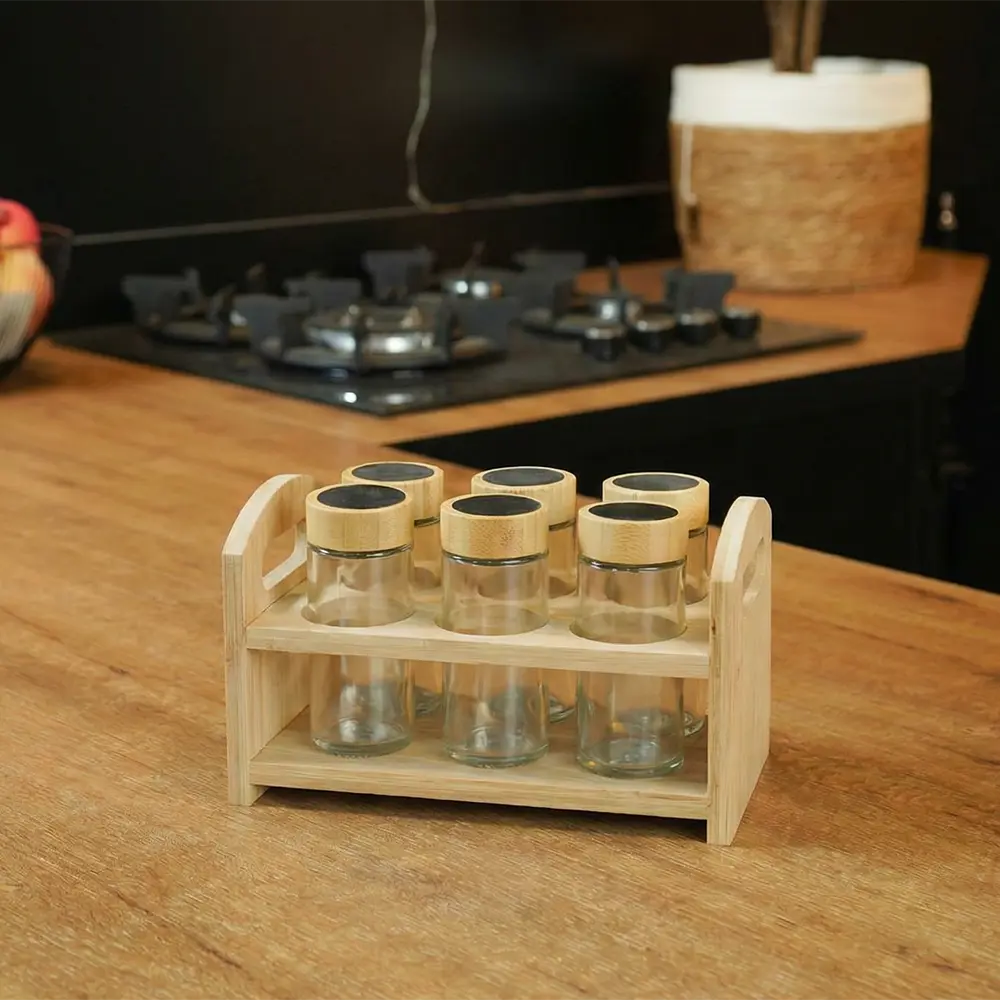 Momaz-6pcs-Glass-Spice-Jar-Set-with-Wooden-Rack2 Momaz 6pcs Glass Spice Jar Set with Wooden Rack2