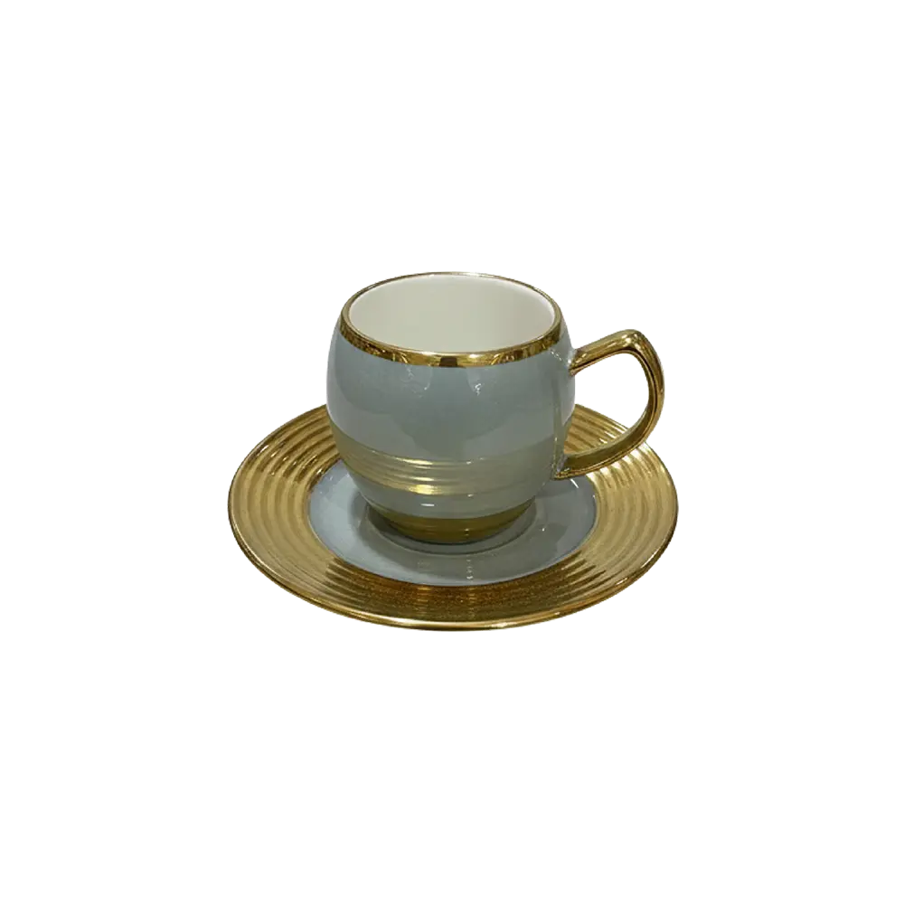 Momaz Coffee Cups Set with Saucers Gold Rim Luxury Design 12 Pieces Grey & Gold Professional Drinkware in lebanon