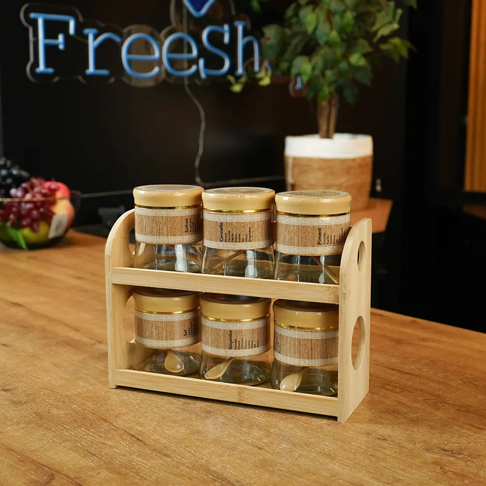 Momaz Glass 6pcs Spice Jar Set with Bamboo Rack2