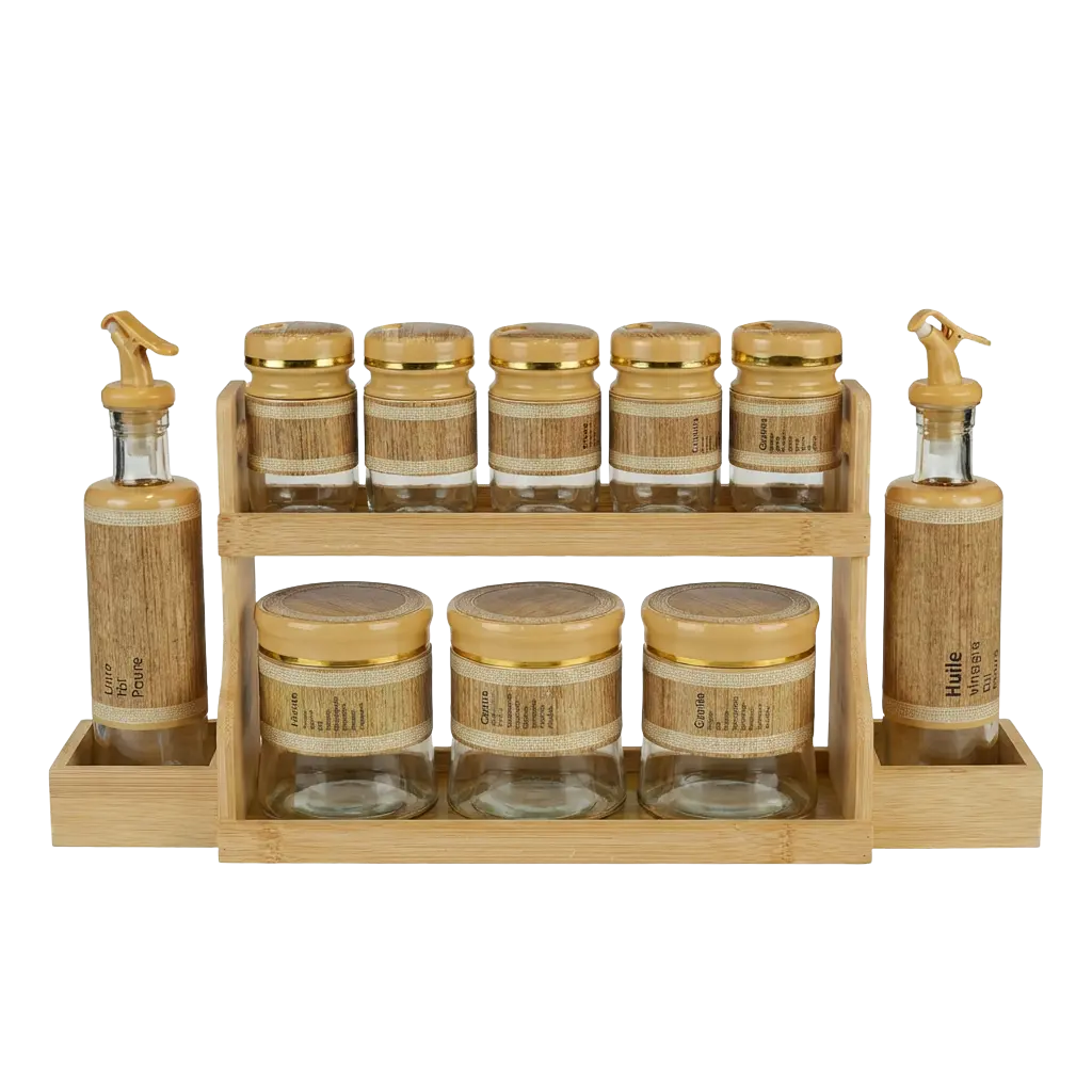 Momaz Glass Spice & Oil Dispenser Set with Wooden Rack