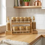 Momaz Glass Spice & Oil Dispenser Set with Wooden Rack1