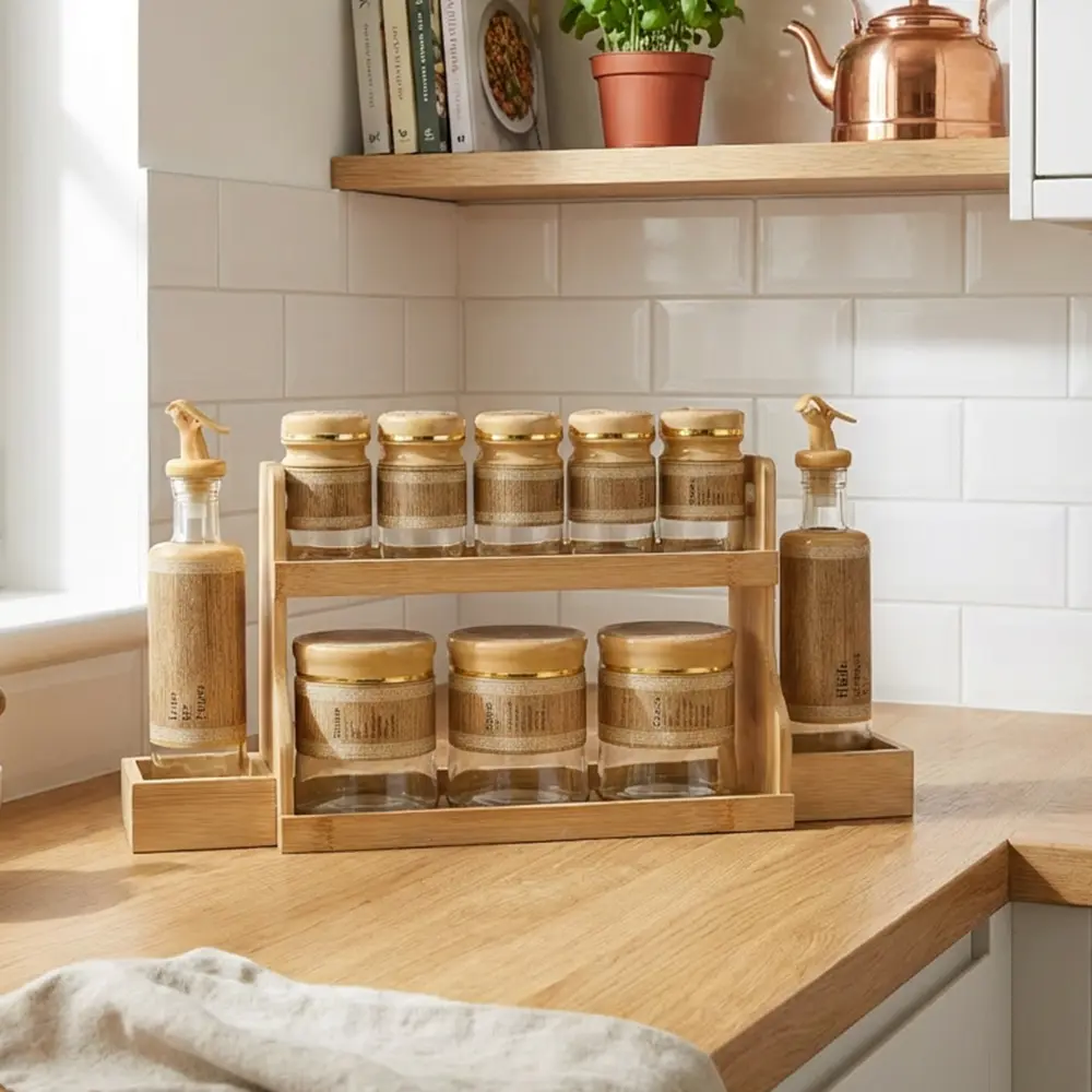 Momaz Glass Spice & Oil Dispenser Set with Wooden Rack1