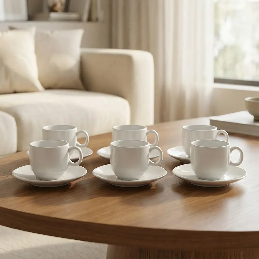 Momaz White Coffee Cups Set with Saucers Rounded Modern Design 6 Pieces Professional Drinkware in lebanon1