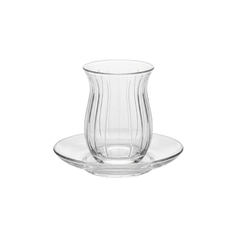 Pasabahce Glass Wavy Ribbed Design 6pcs Tea Cups & Saucer Set 138ml