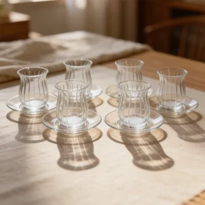 Pasabahce Glass Wavy Ribbed Design 6pcs Tea Cups & Saucer Set 138ml1