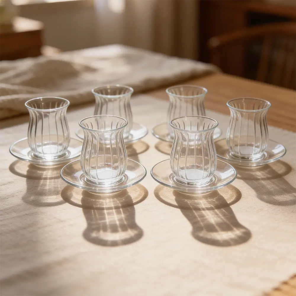 Pasabahce Glass Wavy Ribbed Design 6pcs Tea Cups & Saucer Set 138ml1