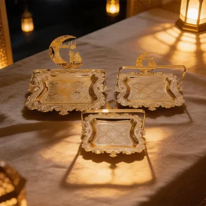 Ramadan Metal 3pcs Gold Crescent Design Serving Tray Set1