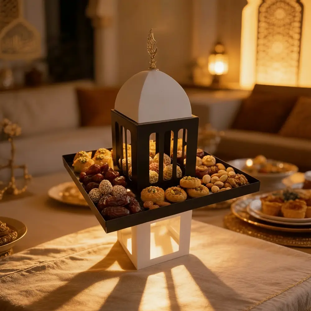 Ramadan-Metal-Mosque-Black-&-White-Serving-Stand1 Ramadan Metal Mosque Black & White Serving Stand1