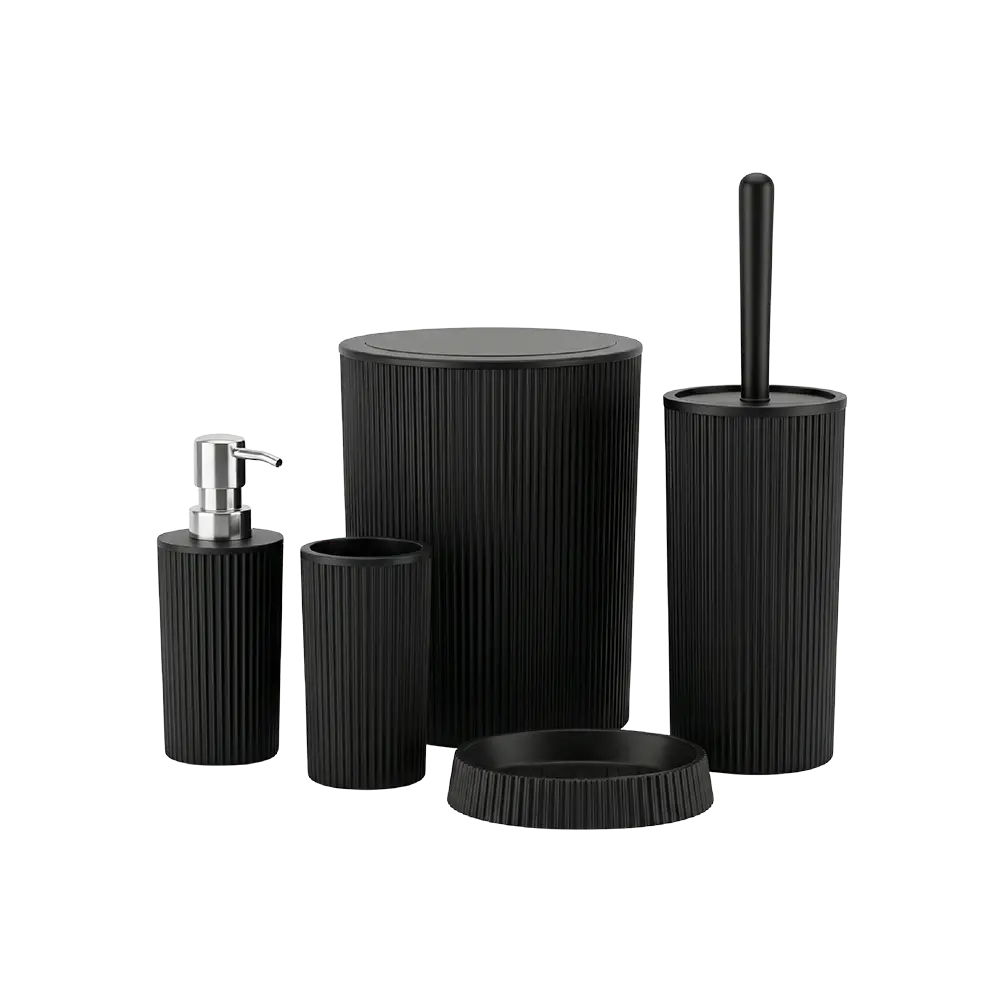 Ribbed Bathroom Accessories Set 5 Piece Modern Cylindrical Model Matte Black