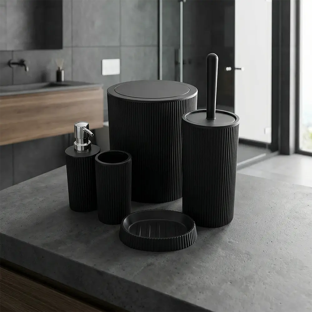 Ribbed Bathroom Accessories Set 5 Piece Modern Cylindrical Model Matte Black1
