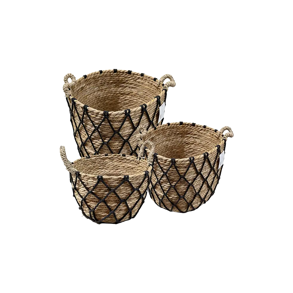 Round-Straw-Basket-with-Black-Rope-Detail Round Straw Basket with Black Rope Detail
