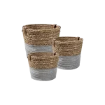 Round Two Tone Gray & Beige Woven Basket with Leather Handles Sizes(S,M,L)