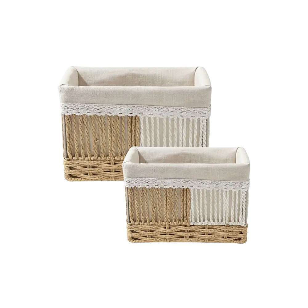Square-Straw-Basket-with-Linen-&-Lace-Detail-Sizes(S,M) Square Straw Basket with Linen & Lace Detail Sizes(S,M)